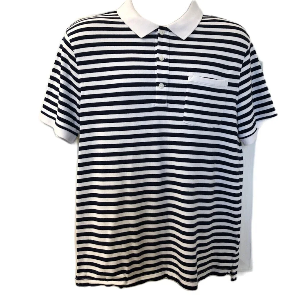 J Crew Authentic Men's Navy Blue Striped Polo Shirt Large Stretch Pique Knit